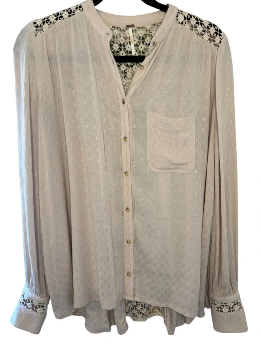 Free People Lace Back Boho Blouse XS Cream Button Front Sheer Long Sleeve - Picture 3 of 9